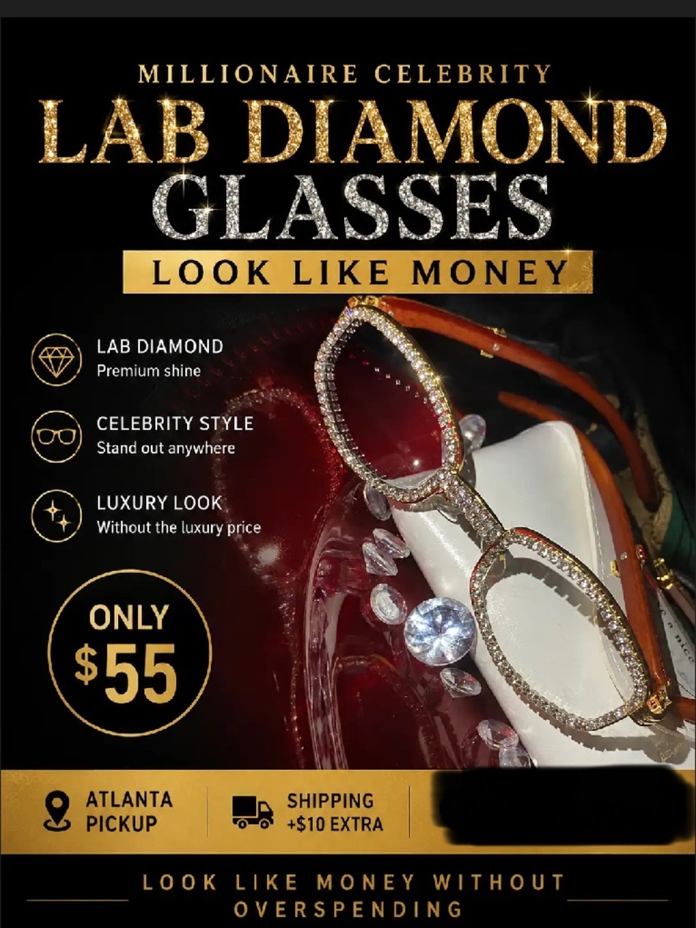 Millionaire Celebrity lab diamond glasses in gold tone. Sparkling